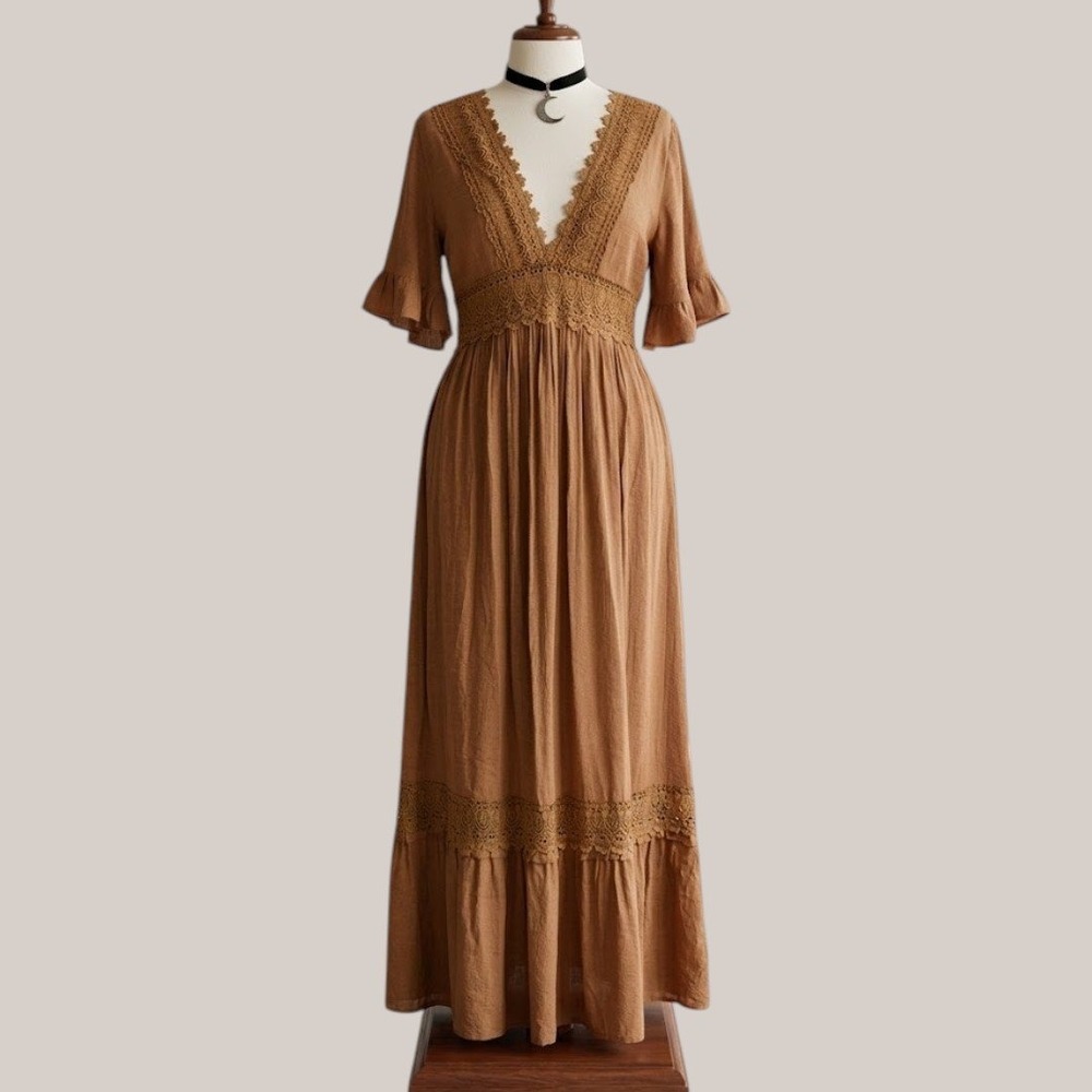 Rust Brown Crochet Lace V-Neck Boho Maxi Dress LARGE Whimsigoth Peasant